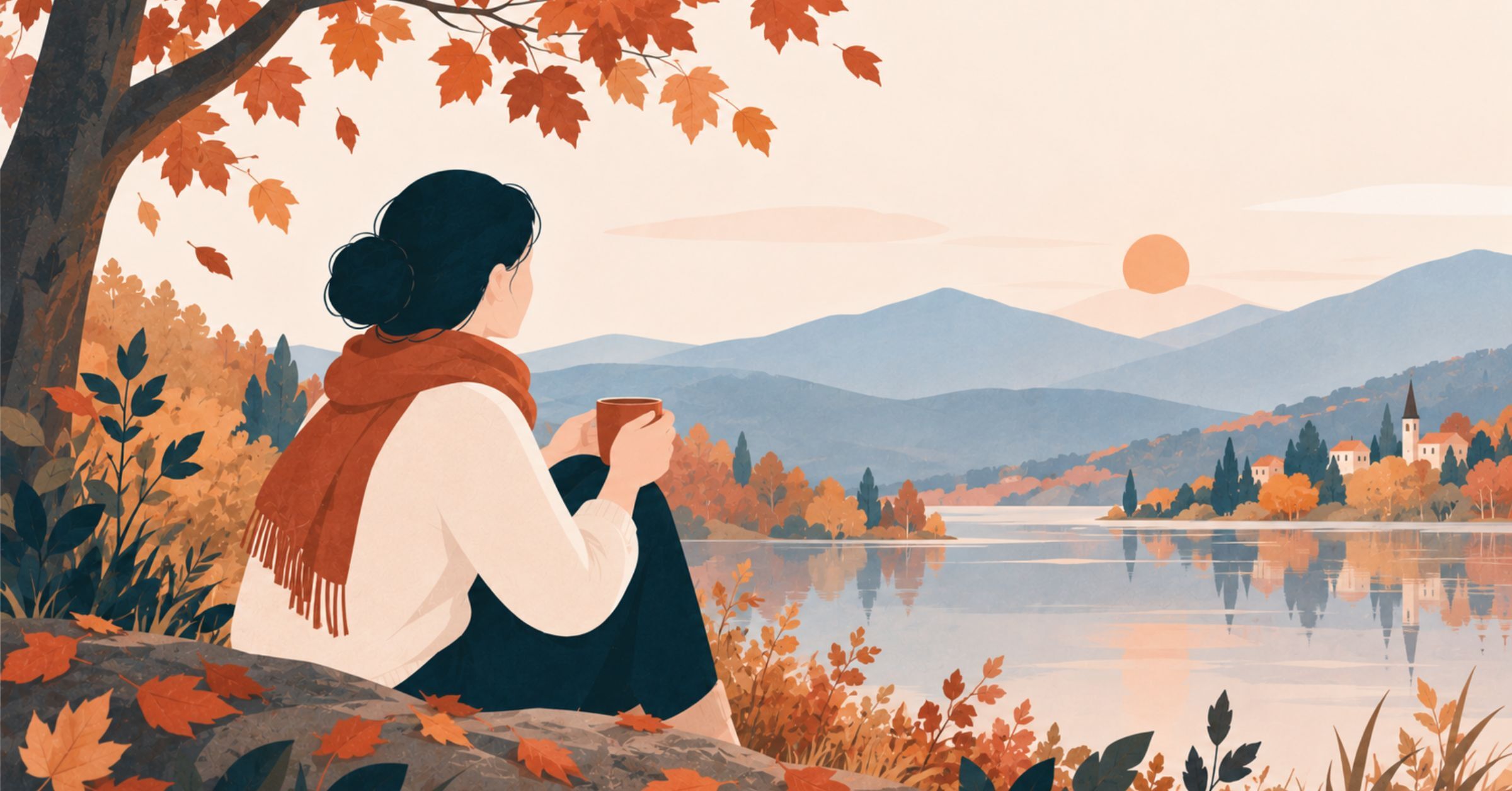 Frau mit Teetasse an einem herbstlichen See